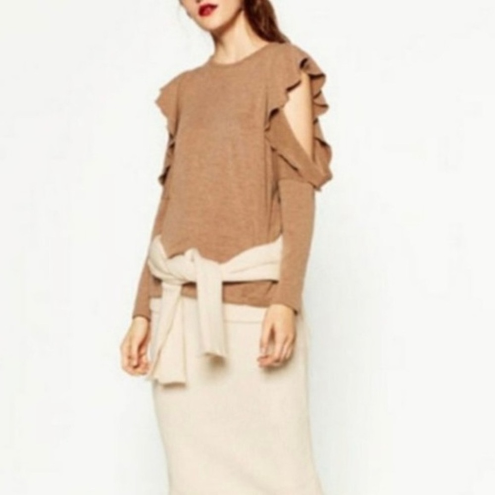 Zara Tan Ruffle-Sleeve Cold Shoulder Sweater Size Small - Picture 2 of 11